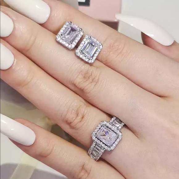 New Hot Sale 925 Silver White Sapphire Wedding Ring With Earrings included bonus - Picture 4 of 4